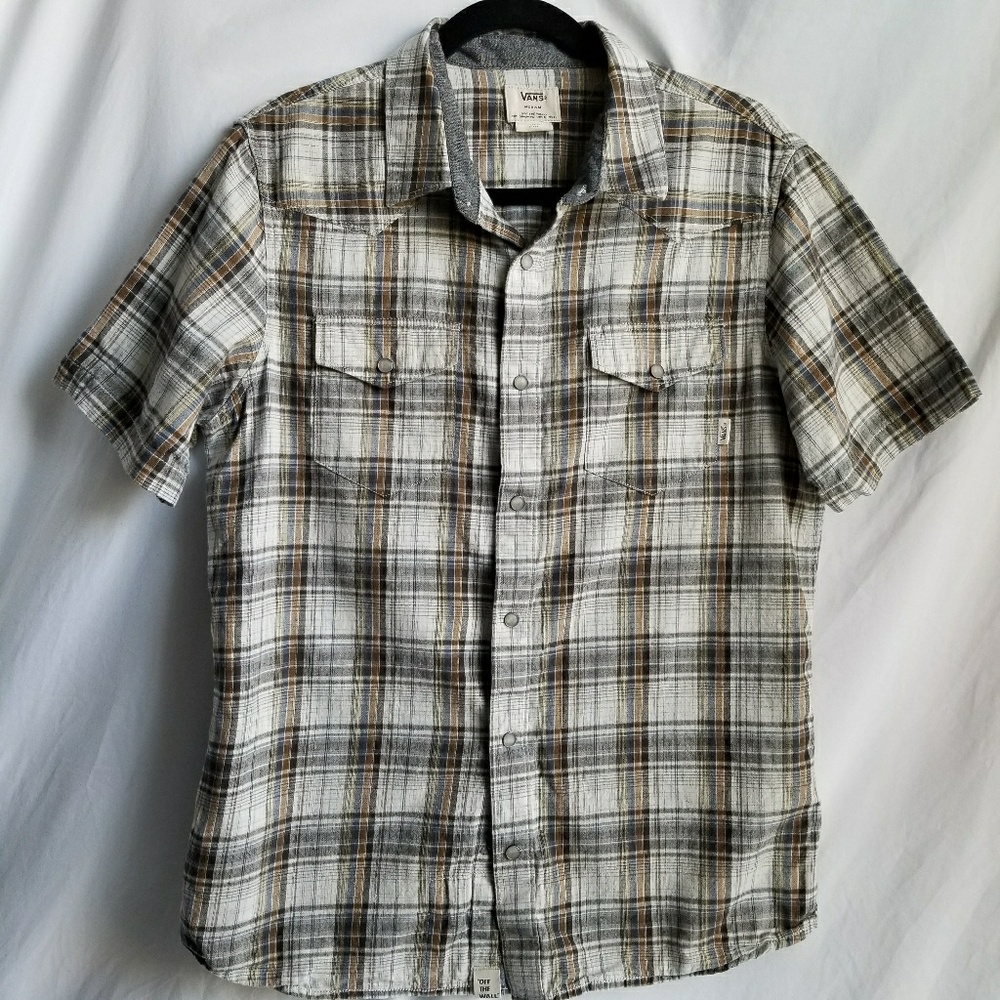 VANS short sleeve plaid snap button shirt brown